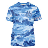Maxcorners Blue Sea Wave Camo Fish hook custom name long sleeve fishing shirt, camo fishing jerseys MT2108