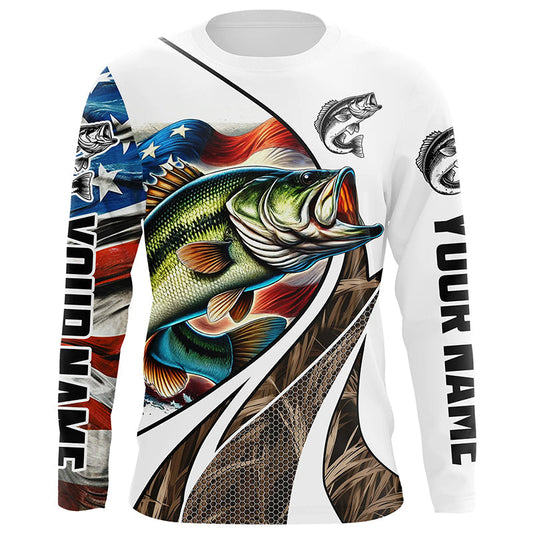 Maxcorners Personalized Largemouth Bass American flag Camo Fishing Jerseys, Custom Patriotic Bass Fishing Shirts MT2108