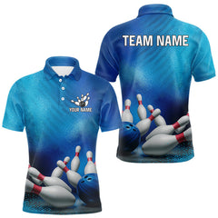 Maxcorners Custom Blue Bowling Team Mens Polo, Quarter-Zip Shirts, custom bowling jersey with name MT707