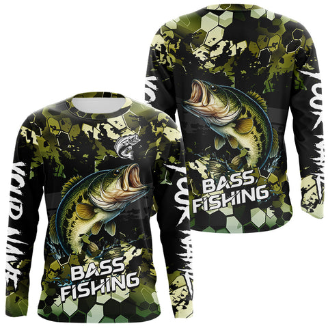 Maxcorners Green Camo Largemouth Bass fishing sun shirts custom name fishing shirts long sleeve uv protection MT2108