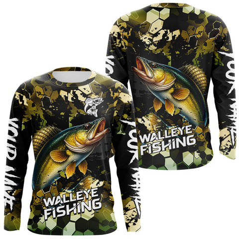 Maxcorners Yellow Camo Walleye fishing sun shirts custom name fishing shirts long sleeve uv protection MT2108