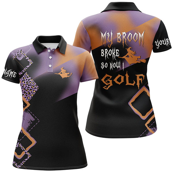 Maxcorners Funny Black Leopard Halloween Golf Shirt Custom Women Golf Polo Shirt My Broom Broke So Now I Golf