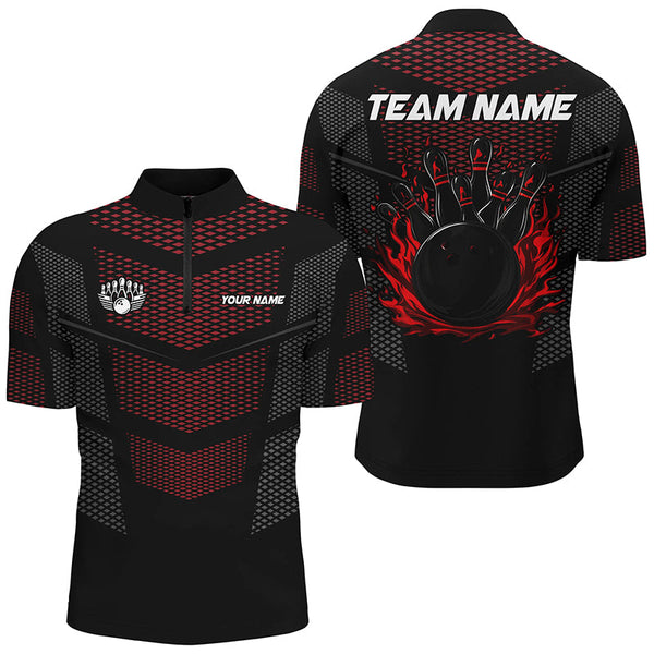 Maxcorners Bowling And Pins Black And Red Strike  Customized Name, Team Name 3D Polo Shirt