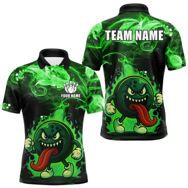 Maxcorners Personalized Funny Bowling Shirts for Men Green Flame Custom Bowling Team Outfit, Gift For Bowlers LM3010