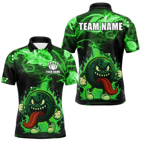 Maxcorners Personalized Funny Bowling Shirts for Men Green Flame Custom Bowling Team Outfit, Gift For Bowlers LM3010