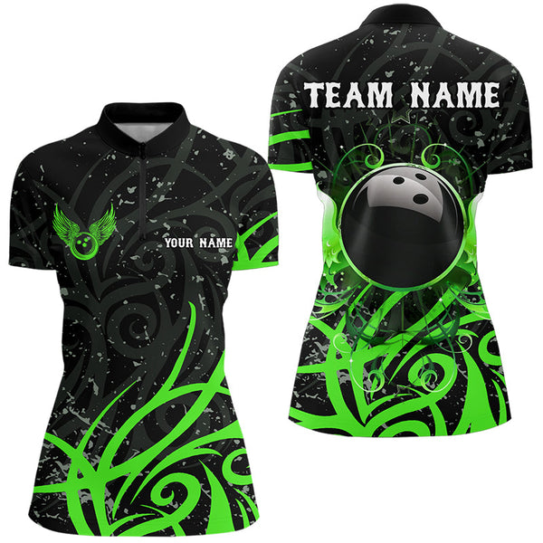Maxcorners Black And Green Camo Bowling Polo, Quarter Zip Shirt For Men Custom Team Bowling Jersey Bowlers Outfit