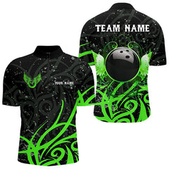 Maxcorners Black And Green Camo Bowling Polo, Quarter Zip Shirt For Men Custom Team Bowling Jersey Bowlers Outfit