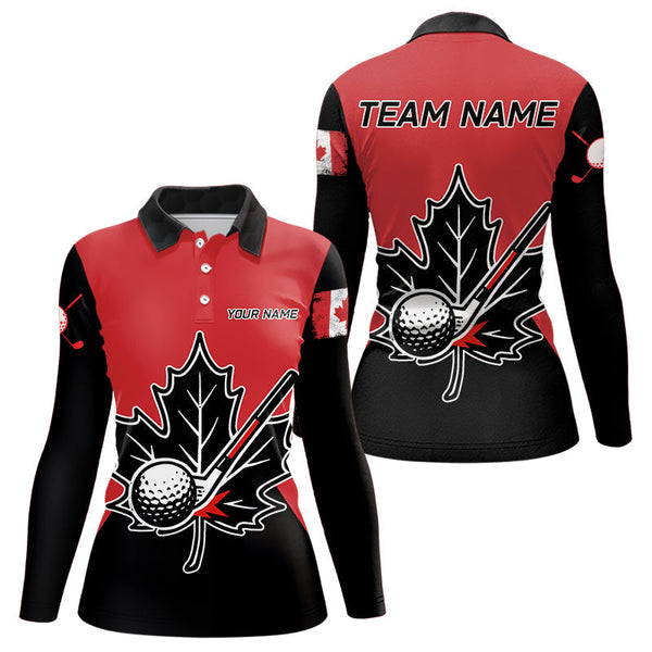 Maxcorners Black and Red maple leaf Mens golf polo shirts custom patriotic Canadian Flag golf attire for mensMT0306