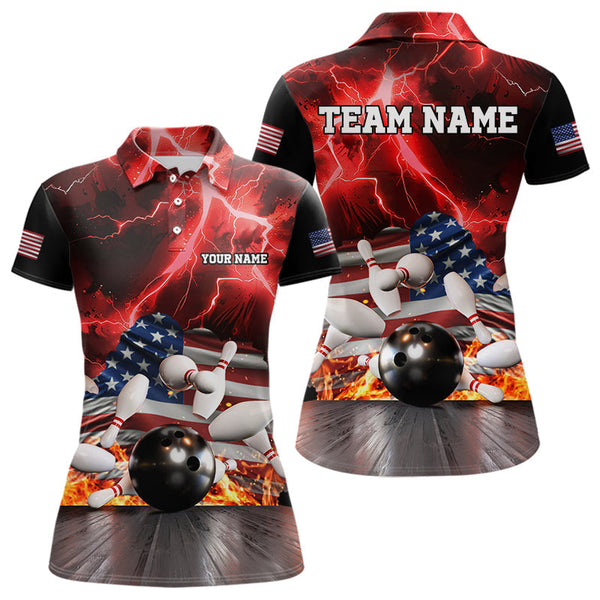 Maxcorners Red Lightning thunder storm American Flag Bowling Shirts For Men Custom Bowling Team League Jerseys LM2007