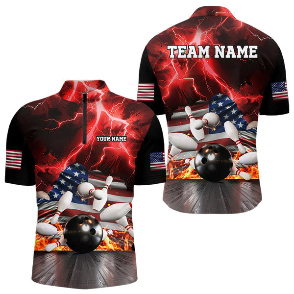 Maxcorners Red Lightning thunder storm American Flag Bowling Shirts For Men Custom Bowling Team League Jerseys LM2007
