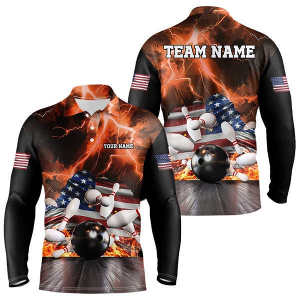 Maxcorners Orange Lightning thunder storm American Flag Bowling Shirt For Men Custom Bowling Team League Jerseys LM2007