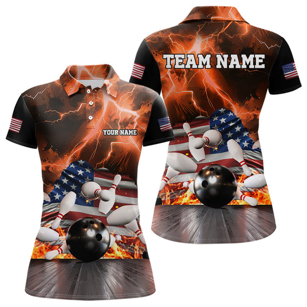 Maxcorners Orange Lightning thunder storm American Flag Bowling Shirt For Men Custom Bowling Team League Jerseys LM2007