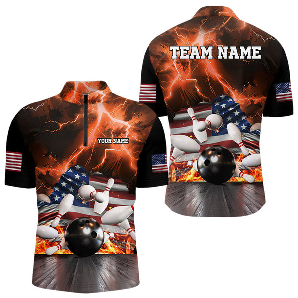 Maxcorners Orange Lightning thunder storm American Flag Bowling Shirt For Men Custom Bowling Team League Jerseys LM2007