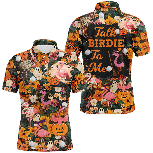 Maxcorners Funny Mens golf polo shirt custom Halloween tropical flower flamingo golf shirts talk birdie to me