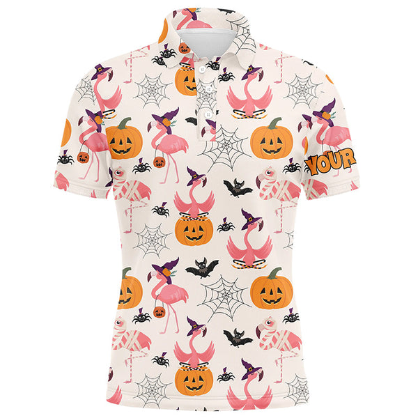 Maxcorners Funny Men golf polo shirt custom Halloween pumpkin flamingo pattern shirt, Halloween golf outfit