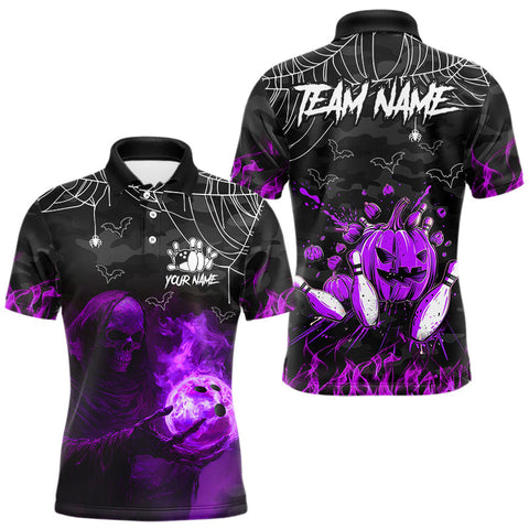 Maxcorners Black Bowling Camo Purple flame Skull Custom Halloween Bowling Shirts For Men, Bowling Team Jersey LM1809