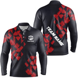 Maxcorners Black And Red Argyle Pattern Bowling Polo, Quarter Zip Shirts Custom Bowling Team Jerseys