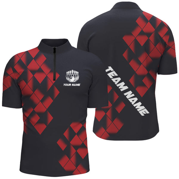 Maxcorners Black And Red Argyle Pattern Bowling Polo, Quarter Zip Shirts Custom Bowling Team Jerseys