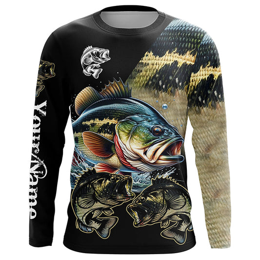 Maxcorners Largemouth Bass Fishing scales Customize name 3D All Over Printed fishing Long sleeve shirts LM0201