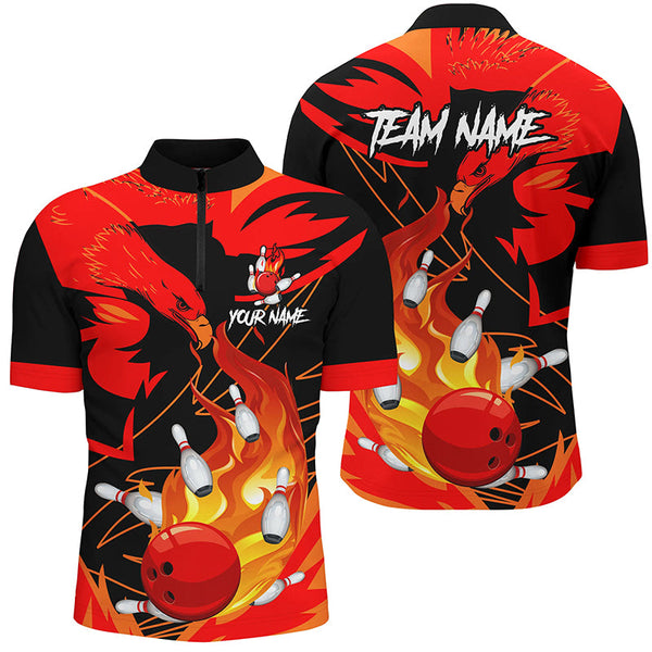 MaxCorners Bowling And Pins Eagle Red Flame Customized Name, Team Name 3D Stand Collar Zipper Polo Shirt For Men