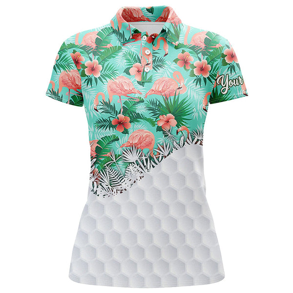 Maxcorners Personalized Green Tropical Pink Flamingo Pattern Womens Golf Polo Shirts