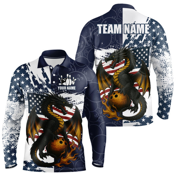 Maxcorners Red, White and Blue American Flag Dragon Bowling Shirts For Men Custom Patriotic Bowling Team Jerse LM2007