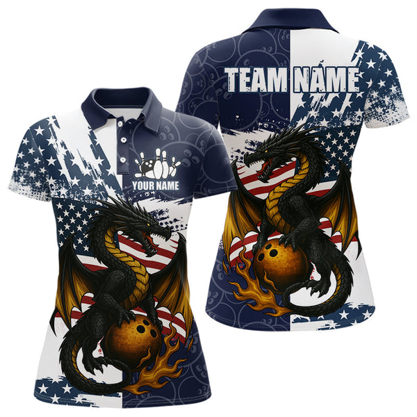 Maxcorners Red, White and Blue American Flag Dragon Bowling Shirts For Men Custom Patriotic Bowling Team Jerse LM2007