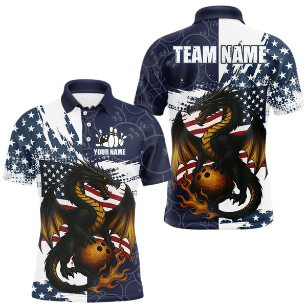 Maxcorners Red, White and Blue American Flag Dragon Bowling Shirts For Men Custom Patriotic Bowling Team Jerse LM2007