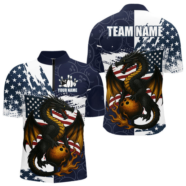 Maxcorners Red, White and Blue American Flag Dragon Bowling Shirts For Men Custom Patriotic Bowling Team Jerse LM2007