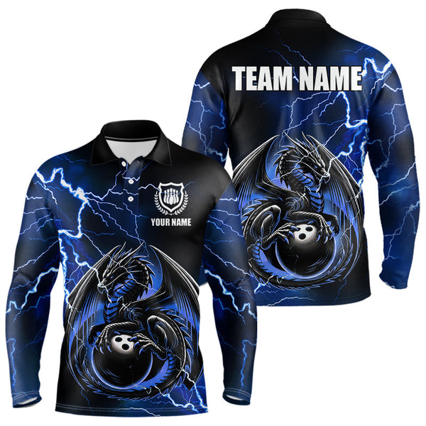 Maxcorners Personalized Black And Blue Thunder Lightning Dragon Bowling Shirts For Men, Bowling Team Uniform LM2007