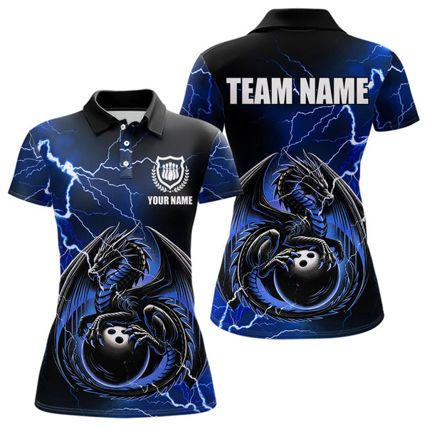 Maxcorners Personalized Black And Blue Thunder Lightning Dragon Bowling Shirts For Men, Bowling Team Uniform LM2007