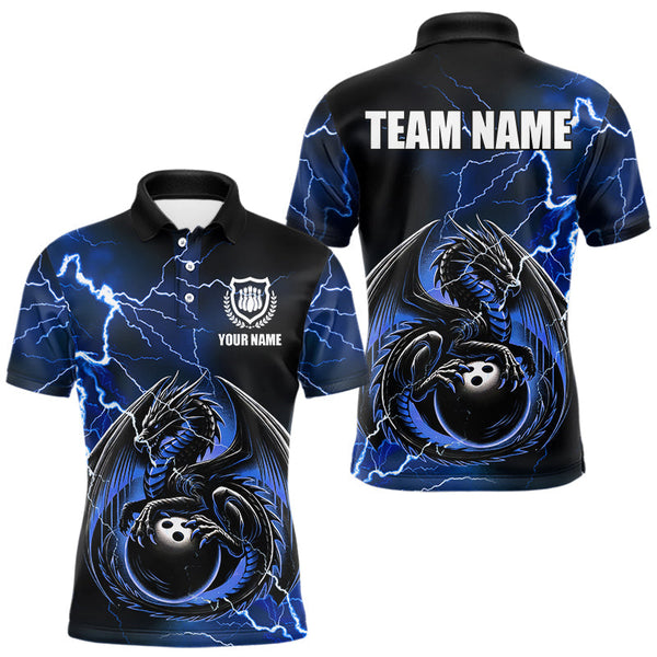 Maxcorners Personalized Black And Blue Thunder Lightning Dragon Bowling Shirts For Men, Bowling Team Uniform LM2007