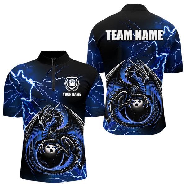 Maxcorners Personalized Black And Blue Thunder Lightning Dragon Bowling Shirts For Men, Bowling Team Uniform LM2007