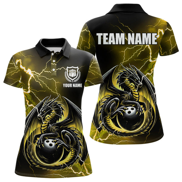 Maxcorners Personalized Black And Yellow Thunder Lightning Dragon Bowling Shirts For Men, Bowling Team Uniform LM2007