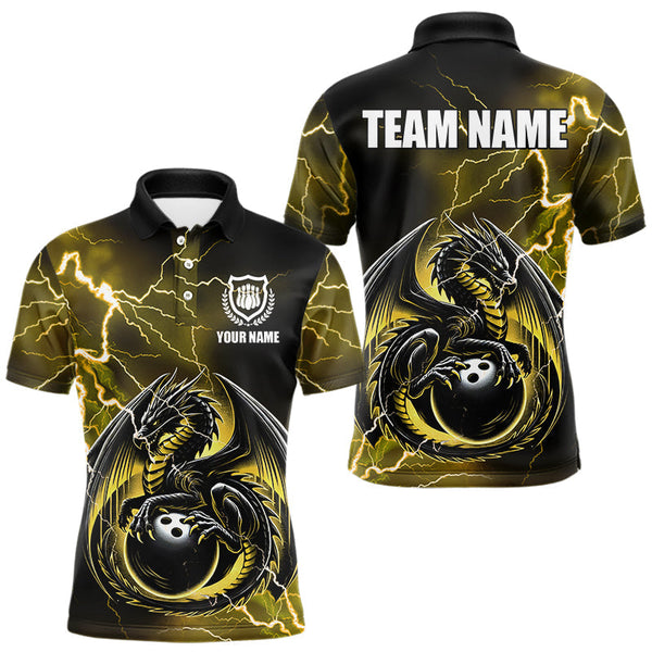 Maxcorners Personalized Black And Yellow Thunder Lightning Dragon Bowling Shirts For Men, Bowling Team Uniform LM2007