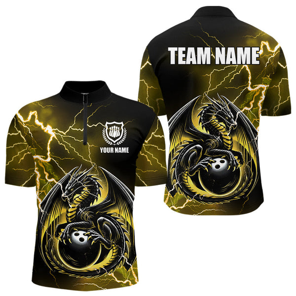 Maxcorners Personalized Black And Yellow Thunder Lightning Dragon Bowling Shirts For Men, Bowling Team Uniform LM2007