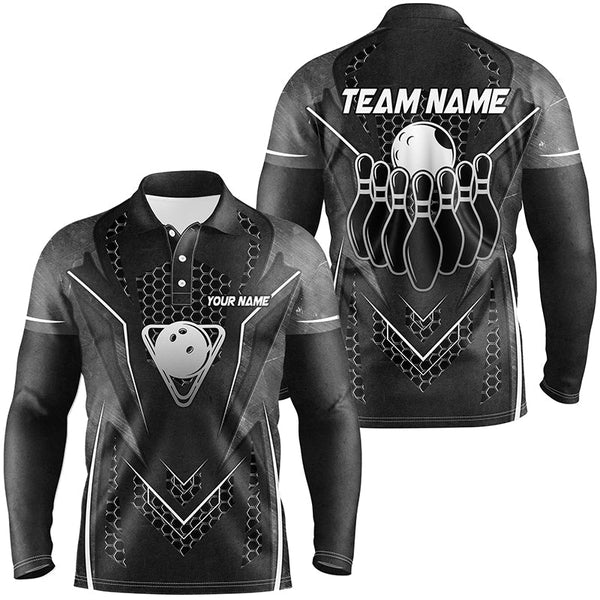 Maxcorners Bowling And Pins Black Hexagon Pattern Customized Name, Team Name 3D Polo Shirt