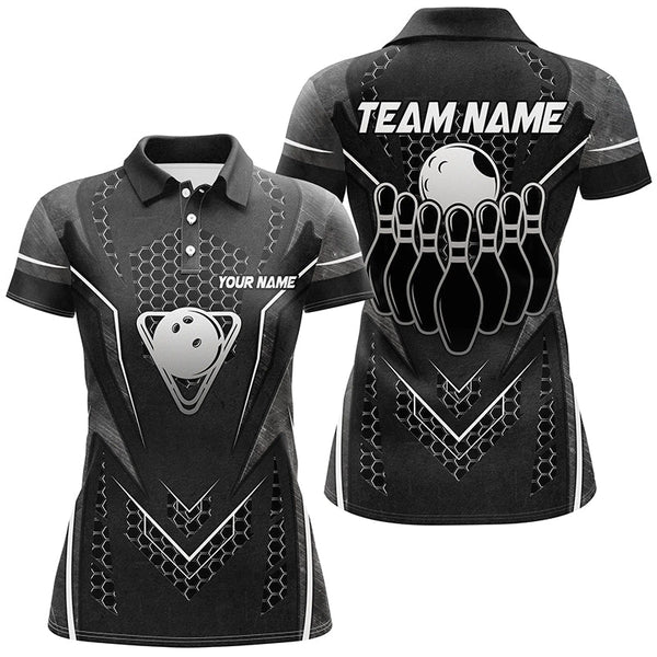 Maxcorners Bowling And Pins Black Hexagon Pattern Customized Name, Team Name 3D Polo Shirt