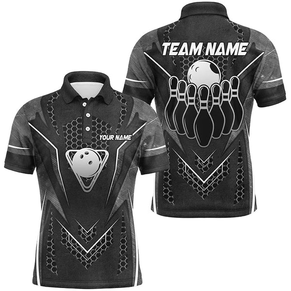 Maxcorners Bowling And Pins Black Hexagon Pattern Customized Name, Team Name 3D Polo Shirt