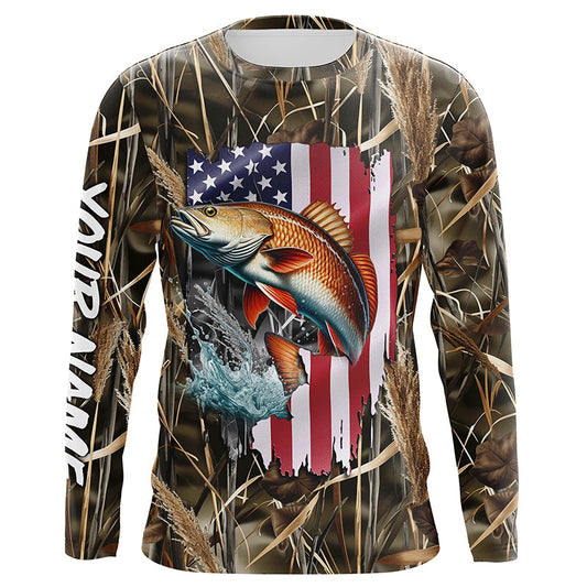 Maxcorners American flag Redfish fishing camo Customize Name long sleeves fishing shirt for men LM0501