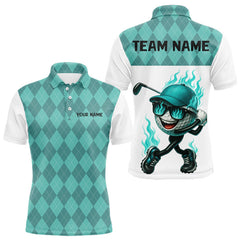 Maxcorners Turquoise argyle pattern Funny Flame Golf polo shirt for men Custom team mens Golf attire LM2011
