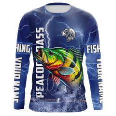 Maxcorners Peacock Bass Fishing blue lightning jerseys custom performance Long Sleeve tournament fishing shirts LM0607