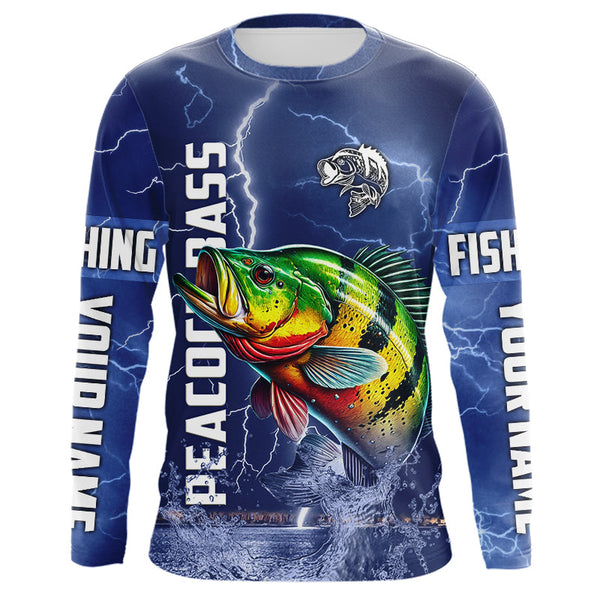 Maxcorners Peacock Bass Fishing blue lightning jerseys custom performance Long Sleeve tournament fishing shirts MT2108