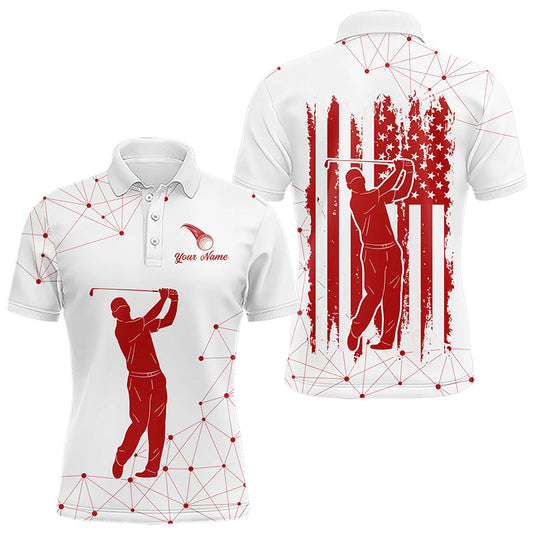 Maxcorners Red And White Pattern American Flag Mens Golf Polo Shirts Custom Patriotic Golf Attire For Mens