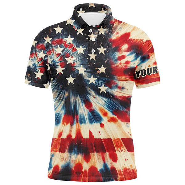 MaxCorners Golfs American Flag Tie Dye Pattern Customized Name 3D Polo Shirt For Men