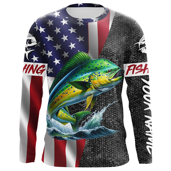 Maxcorners American Flag Mahi Mahi Fishing Custom long sleeve performance Fishing Shirt, Dorado Fishing jersey MT2108