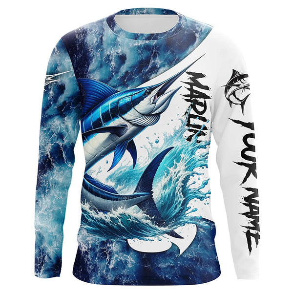 Maxcorners Marlin Fishing blue ocean sea wave camo Custom long sleeve performance fishing jerseys shirts MT2108