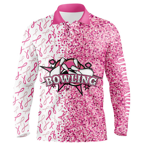 Maxcorners Bowling Ball And Pins Pink Glitter Ribbon PatternCustomized Name, Team Name 3D Shirt