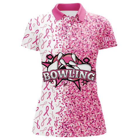 Maxcorners Bowling Ball And Pins Pink Glitter Ribbon PatternCustomized Name, Team Name 3D Shirt