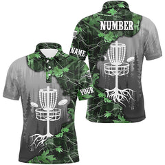 Maxcorners Mens disc golf polo shirt custom green camo forest tree disc golf basket, disc golf jerseys MT0510
